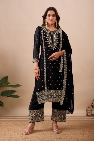 Stylish Black Embroidered Georgette Suit Set with Dupatta for a Festive Look Ready To Wear Collection
