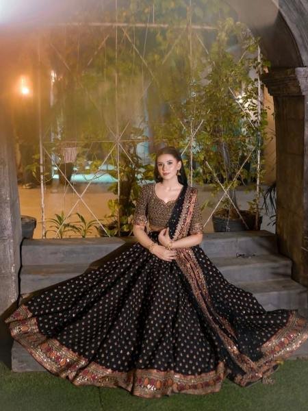 Stylish Black Partywear Silk Lehenga Choli With 3.5 Meter Flare, Zari and Sequins Work 