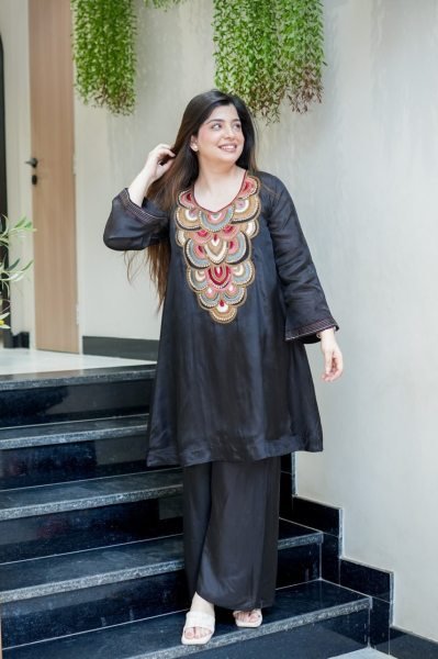 Stylish Black Premium Crepe Party Wear Kurti Pant Set with Elegant Embroidery Work  CO ORD Sets