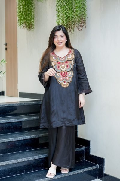 Stylish Black Premium Crepe Party Wear Kurti Pant Set with Elegant Embroidery Work  CO ORD Sets
