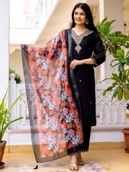 Stylish Black  Viscose Chanderi Embroidered Top with Dyable Bottom   Printed Organza Dupatta for Festive Wear 3 Piece Kurti Set