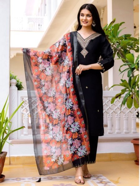 Stylish Black Viscose Chanderi Embroidered Top with Dyable Bottom  And Printed Organza Dupatta for Festive Wear 