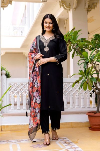 Stylish Black Viscose Chanderi Embroidered Top with Dyable Bottom  And Printed Organza Dupatta for Festive Wear  Straight Cut Long Kurtis