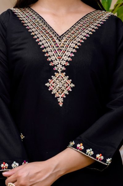 Stylish Black Viscose Chanderi Embroidered Top with Dyable Bottom  And Printed Organza Dupatta for Festive Wear  Straight Cut Long Kurtis
