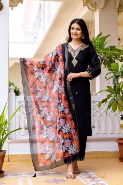 Stylish Black  Viscose Chanderi Embroidered Top with Dyable Bottom   Printed Organza Dupatta for Festive Wear  Straight Cut Long Kurtis