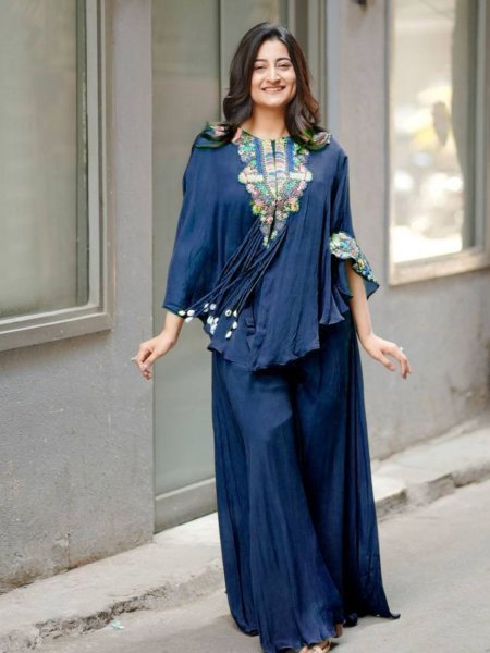 Dark Blue Chinon Indo Western Dress Trendy and Festive Look Ready To Wear Suit