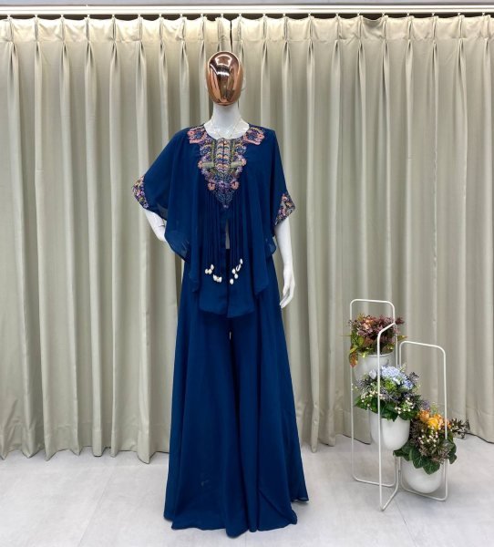 Dark Blue Chinon Indo Western Dress Trendy and Festive Look Ready To Wear Collection