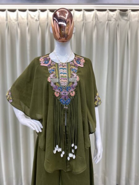 Mehendi Green Indo Western Dress with Sequin Work 3 Piece Set Ready To Wear Collection