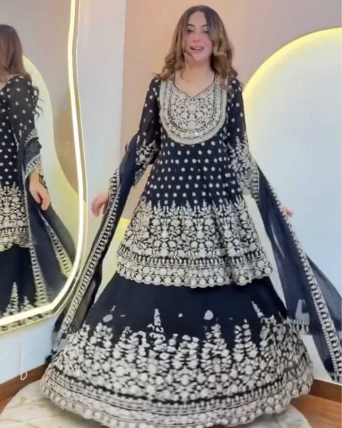 Stylish Blue Faux Georgette Embroidered Lehenga Set with Butterfly Net Dupatta Ready To Wear Suit