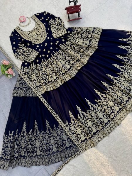 Stylish Blue Faux Georgette Embroidered Lehenga Set with Butterfly Net Dupatta Ready To Wear Collection