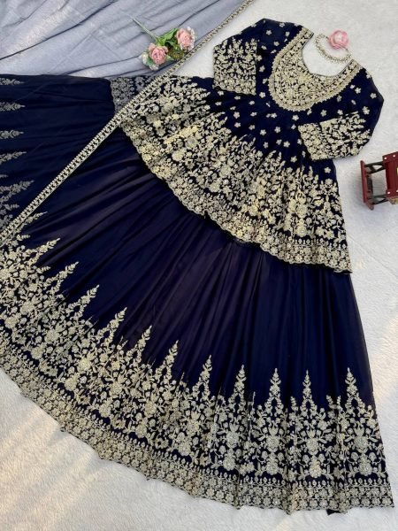 Stylish Blue Faux Georgette Embroidered Lehenga Set with Butterfly Net Dupatta Ready To Wear Collection