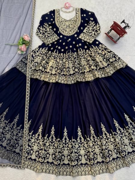 Stylish Blue Faux Georgette Embroidered Lehenga Set with Butterfly Net Dupatta Ready To Wear Collection