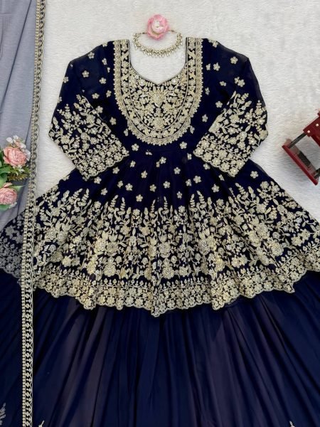 Stylish Blue Faux Georgette Embroidered Lehenga Set with Butterfly Net Dupatta Ready To Wear Collection
