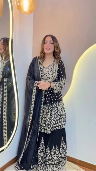 Stylish Blue Faux Georgette Embroidered Lehenga Set with Butterfly Net Dupatta Ready To Wear Collection