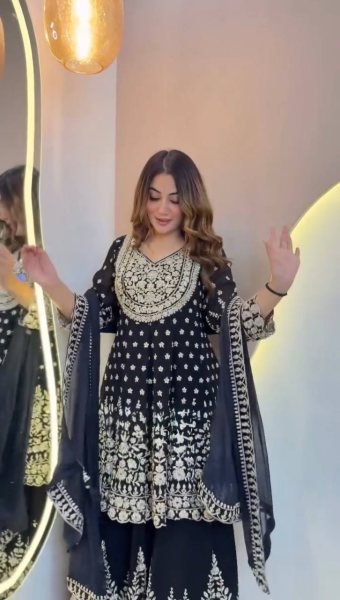 Stylish Blue Faux Georgette Embroidered Lehenga Set with Butterfly Net Dupatta Ready To Wear Collection