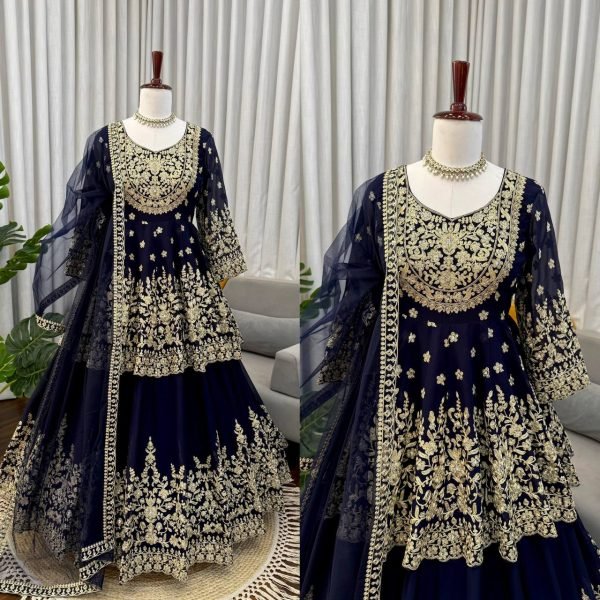 Stylish Blue Faux Georgette Embroidered Lehenga Set with Butterfly Net Dupatta Ready To Wear Collection