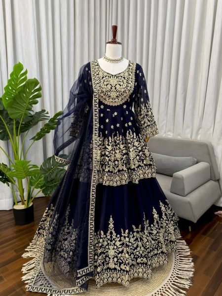 Stylish Blue Faux Georgette Embroidered Lehenga Set with Butterfly Net Dupatta Ready To Wear Collection