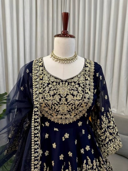 Stylish Blue Faux Georgette Embroidered Lehenga Set with Butterfly Net Dupatta Ready To Wear Collection