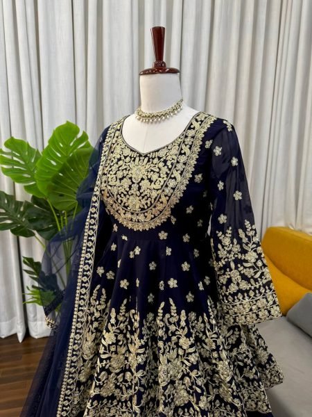 Stylish Blue Faux Georgette Embroidered Lehenga Set with Butterfly Net Dupatta Ready To Wear Collection