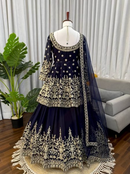 Stylish Blue Faux Georgette Embroidered Lehenga Set with Butterfly Net Dupatta Ready To Wear Collection