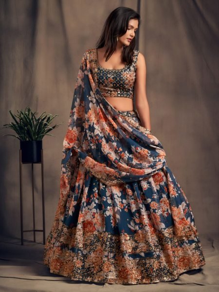Stylish Blue Floral Print Lehenga with Dupatta for Festive Occasion Designer Lehenga Choli