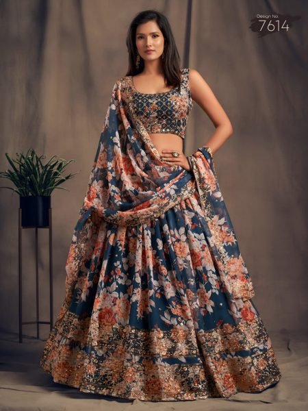 Stylish Blue Floral Print Lehenga with Dupatta for Festive Occasion Designer Lehenga Choli