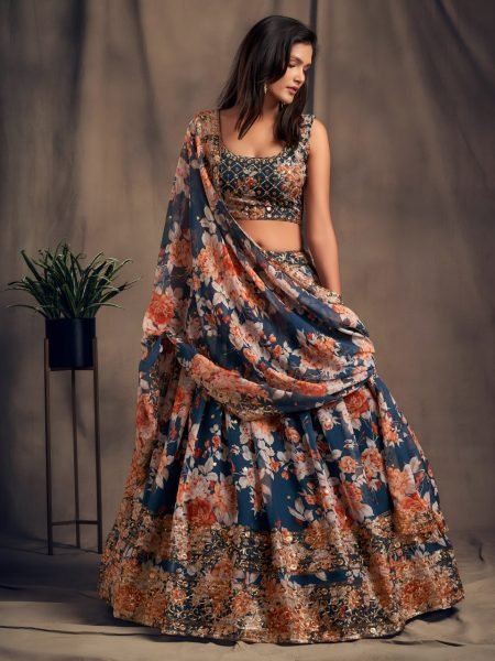 Stylish Blue Floral Print Lehenga with Dupatta for Festive Occasion Designer Lehenga Choli