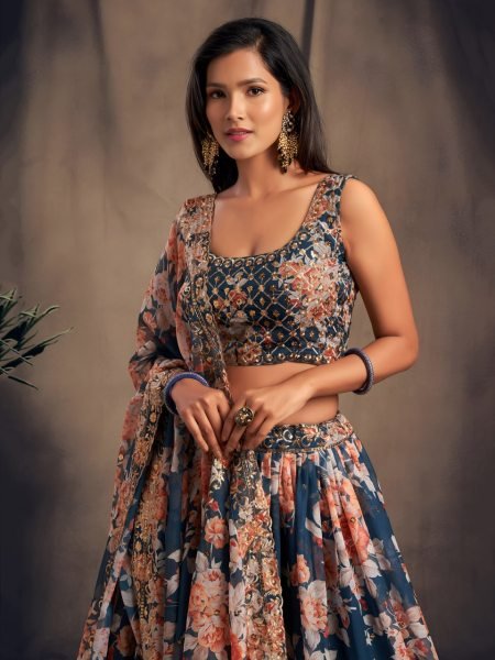 Stylish Blue Floral Print Lehenga with Dupatta for Festive Occasion Designer Lehenga Choli
