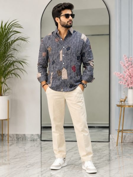Stylish Blue Men   s Premium Digital Print Cotton Patchwork Shirt For Festival Wear 