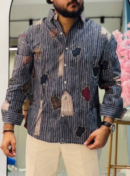 Stylish Blue Men   s Premium Digital Print Cotton Patchwork Shirt For Festival Wear Mens Shirt