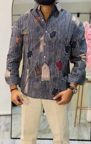 Stylish Blue Men   s Premium Digital Print Cotton Patchwork Shirt For Festival Wear Mens Shirt