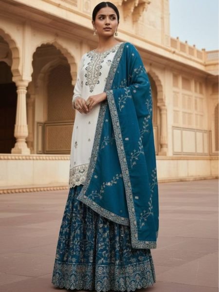 Stylish Blue Pakistani Ready to Wear Chinon Silk Top Sharara Dupatta Set at Manufacturer Rate Ready To Wear Suit