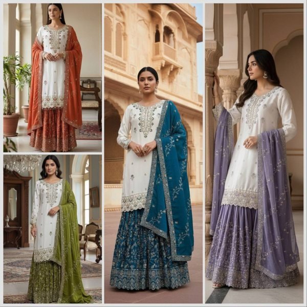 Stylish Blue Pakistani Ready to Wear Chinon Silk Top Sharara Dupatta Set at Manufacturer Rate Ready To Wear Collection