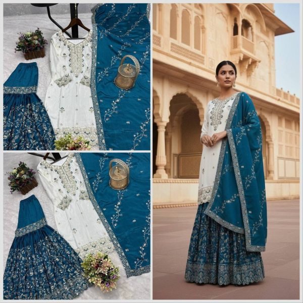 Stylish Blue Pakistani Ready to Wear Chinon Silk Top Sharara Dupatta Set at Manufacturer Rate Ready To Wear Collection