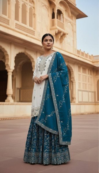 Stylish Blue Pakistani Ready to Wear Chinon Silk Top Sharara Dupatta Set at Manufacturer Rate Ready To Wear Collection