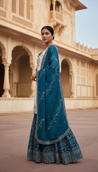 Stylish Blue Pakistani Ready to Wear Chinon Silk Top Sharara Dupatta Set at Manufacturer Rate Ready To Wear Collection