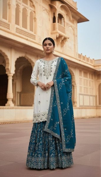 Stylish Blue Pakistani Ready to Wear Chinon Silk Top Sharara Dupatta Set at Manufacturer Rate Ready To Wear Collection