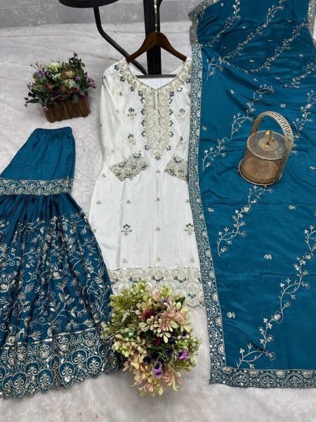 Stylish Blue Pakistani Ready to Wear Chinon Silk Top Sharara Dupatta Set at Manufacturer Rate Ready To Wear Collection