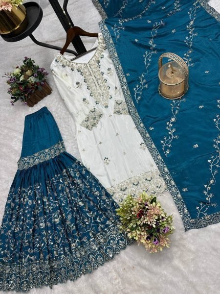 Stylish Blue Pakistani Ready to Wear Chinon Silk Top Sharara Dupatta Set at Manufacturer Rate Ready To Wear Collection