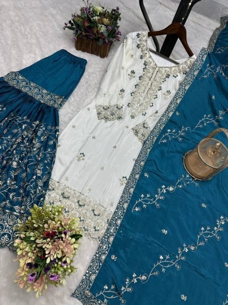 Stylish Blue Pakistani Ready to Wear Chinon Silk Top Sharara Dupatta Set at Manufacturer Rate Ready To Wear Collection