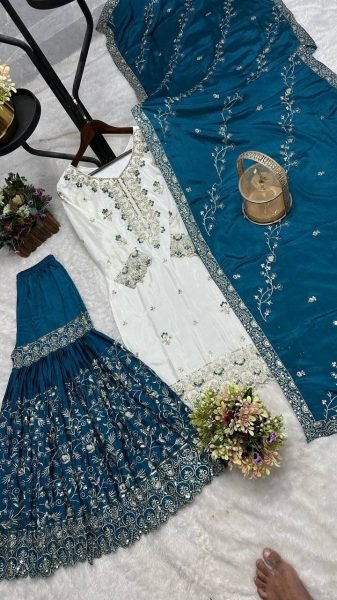 Stylish Blue Pakistani Ready to Wear Chinon Silk Top Sharara Dupatta Set at Manufacturer Rate Ready To Wear Collection