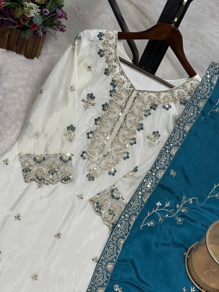 Stylish Blue Pakistani Ready to Wear Chinon Silk Top Sharara Dupatta Set at Manufacturer Rate Ready To Wear Collection