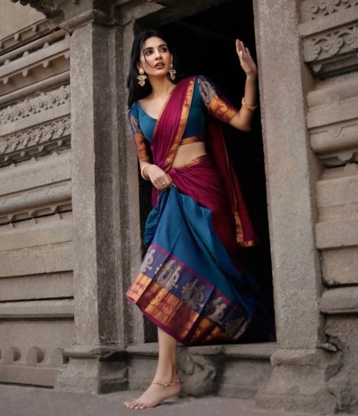 Stylish Blue Pink Women's Kanchi Cotton Lehenga for Wedding and Festive Wear Half Saree Lehenga