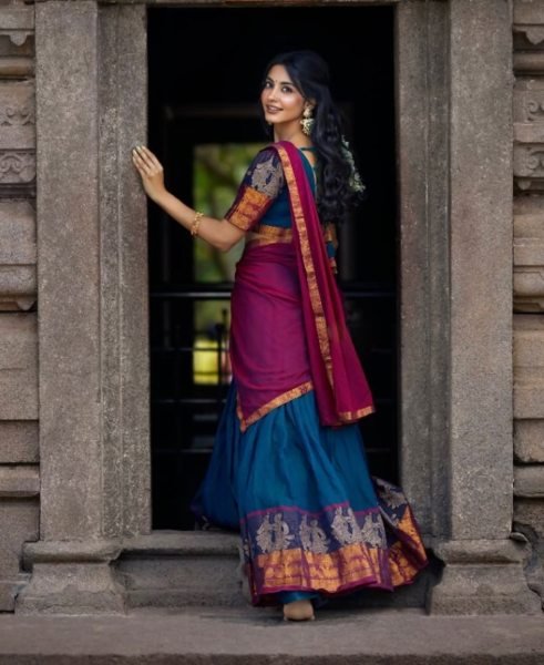 Stylish Blue Pink Women's Kanchi Cotton Lehenga for Wedding and Festive Wear Half Saree Lehenga