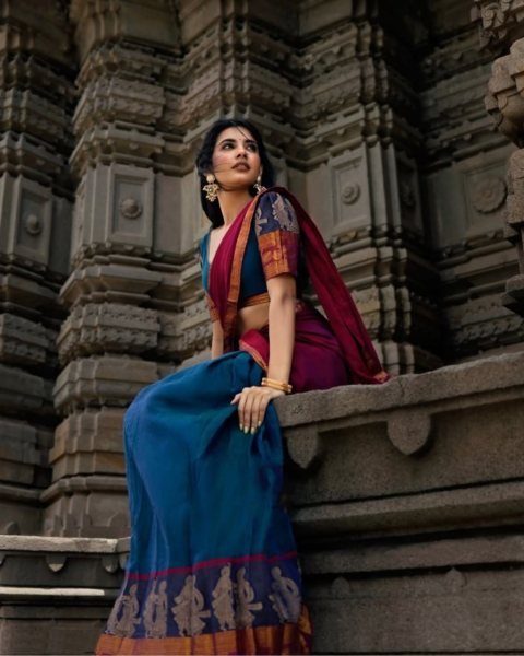 Stylish Blue Pink Women's Kanchi Cotton Lehenga for Wedding and Festive Wear Half Saree Lehenga