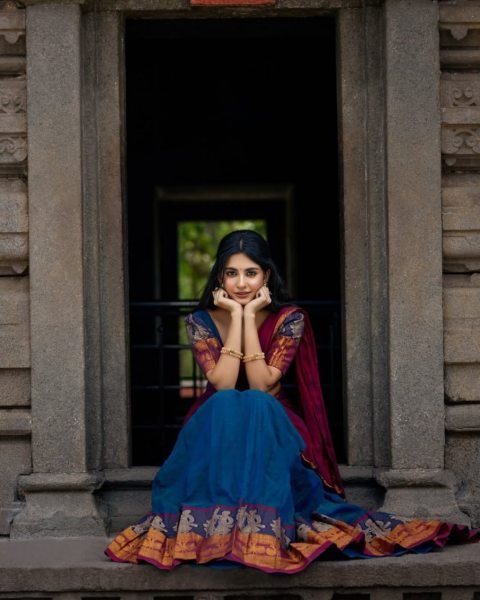 Stylish Blue Pink Women's Kanchi Cotton Lehenga for Wedding and Festive Wear Half Saree Lehenga