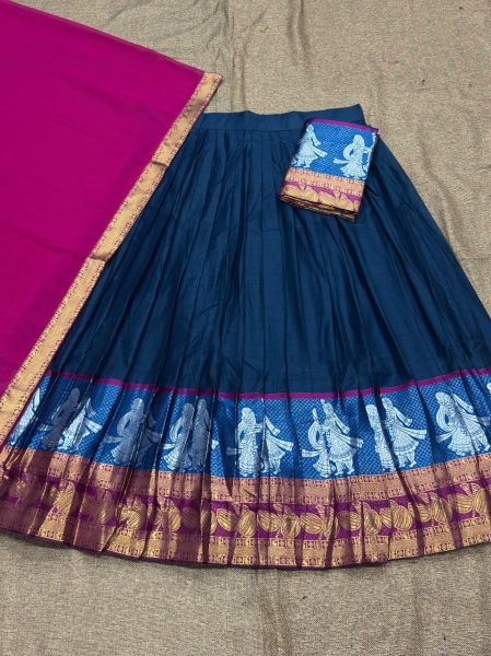 Stylish Blue Pink Women's Kanchi Cotton Lehenga for Wedding and Festive Wear Half Saree Lehenga