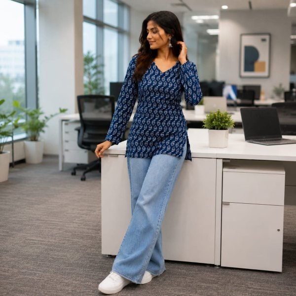 Stylish Blue Pure Cotton Kurti for Women Perfect for Office Wear Tunics kurti