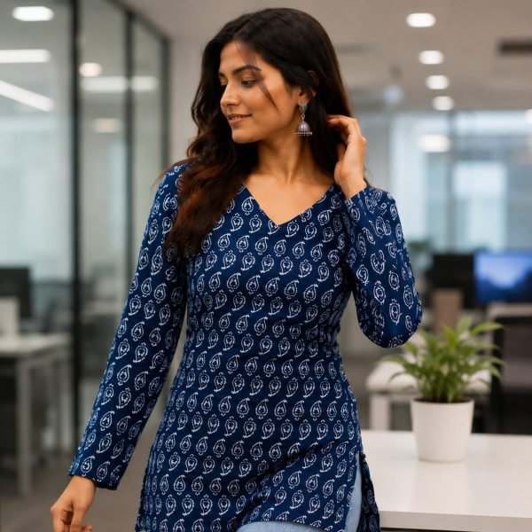 Stylish Blue Pure Cotton Kurti for Women Perfect for Office Wear Tunics kurti