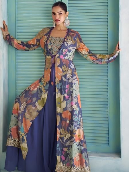 Stylish Blue Real Chinon Digital Jacket Top Palazzo 3 Piece Suit for Women Salwar Kameez